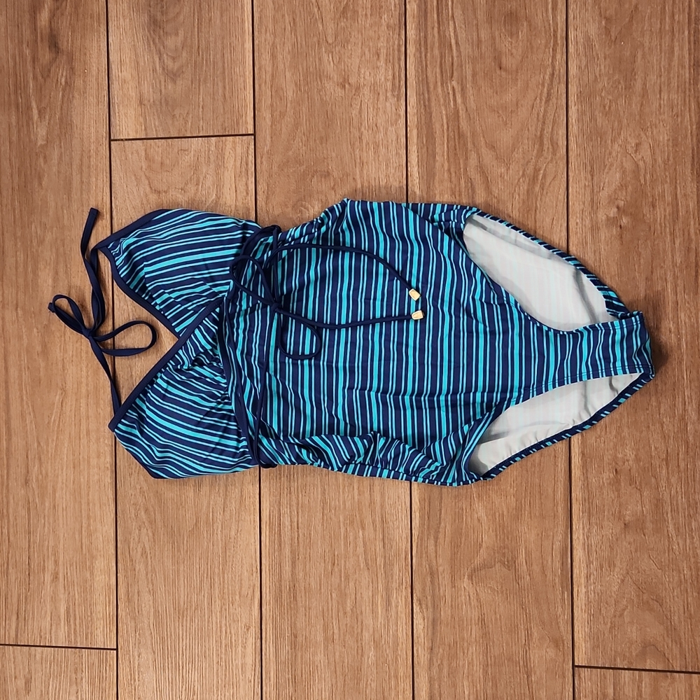 Motherhood Maternity Halter Tie One Piece Bathing Swim Suit Small Blue Stripes